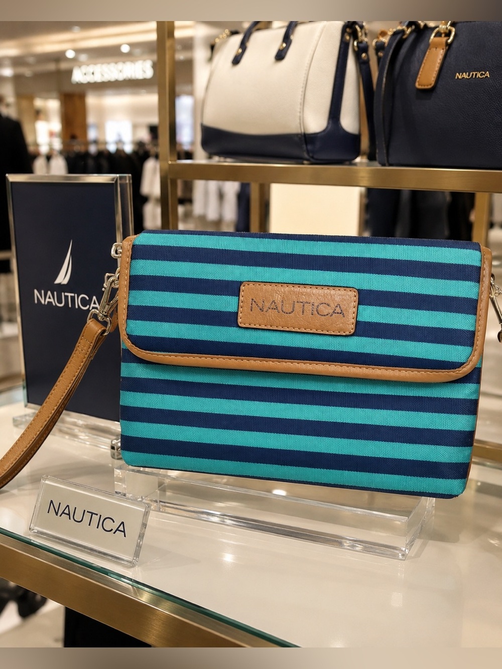 Nautica Turquoise & Navy Striped Wristlet Clutch/Crossbody with Tan Trim